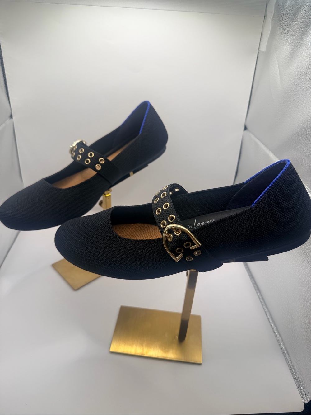 Rothy's Black Knit Mary Jane Flats with Gold Eyelet Strap - Picture 2 of 5
